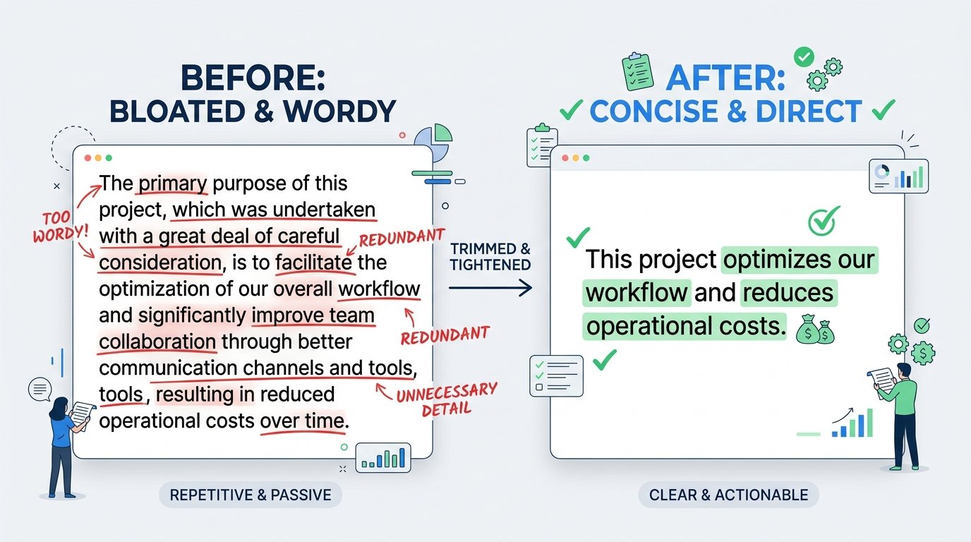 Comparison of an essay paragraph before and after cutting to meet word count Caption: Cutting filler phrases is the fastest way to bring an essay back within its limit.
