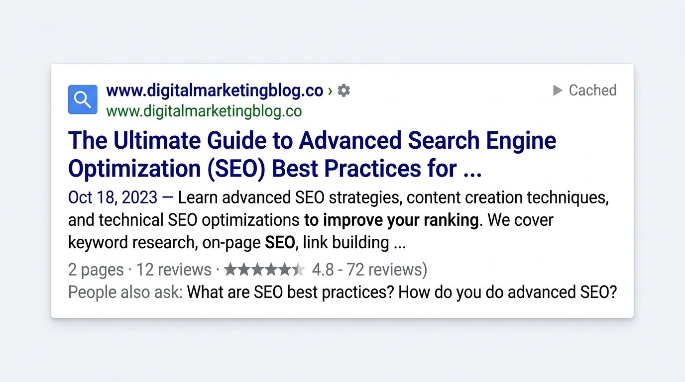 Search result snippet showing meta description truncated at the character limit Caption: Meta descriptions are cut off by character count, not word count, in search results.