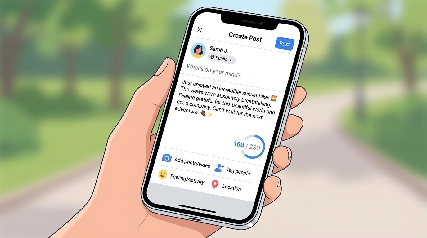 Social media post composer showing a character limit counter Caption: Character limits, not word limits, govern most social platforms.