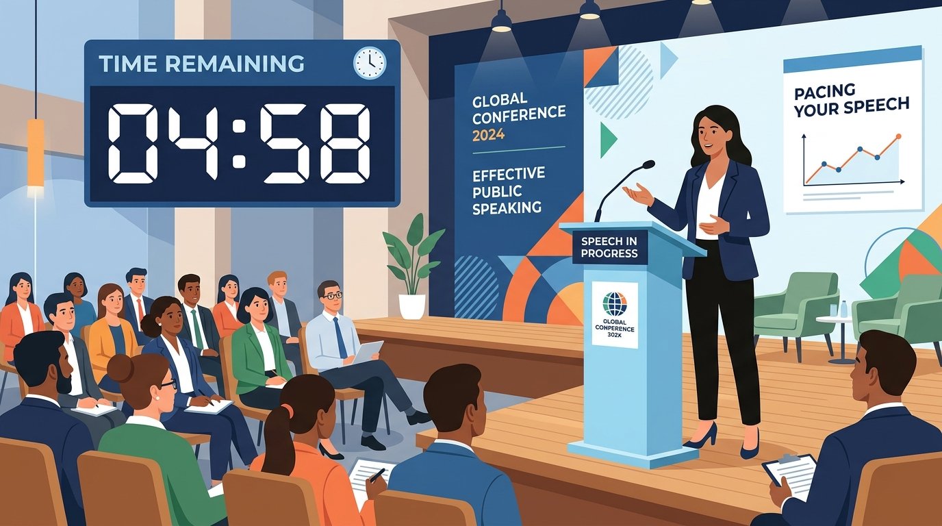 Speaker at a podium pacing a presentation against a countdown timer Caption: Miscalculating speaking pace is one of the most common reasons presentations run long.