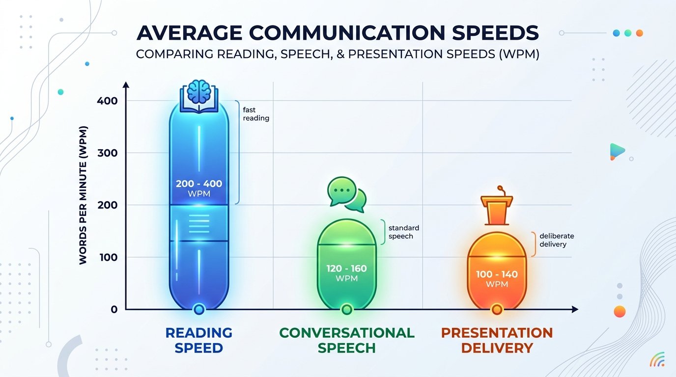 Bar chart comparing average words per minute across reading, conversation, and presentations Caption: Reading speed and speaking speed differ more than most people expect.