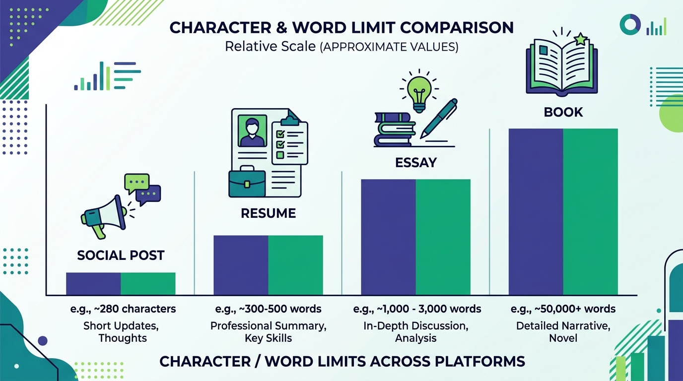 Chart comparing word and character count standards across Twitter, Instagram, essays, and books